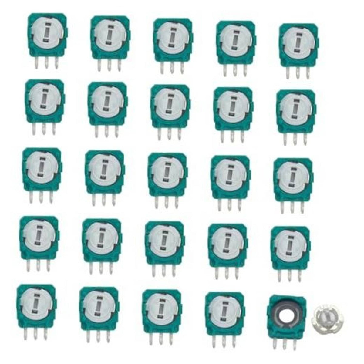 Set of teal rotary potentiometers with white centers and three-pin leads