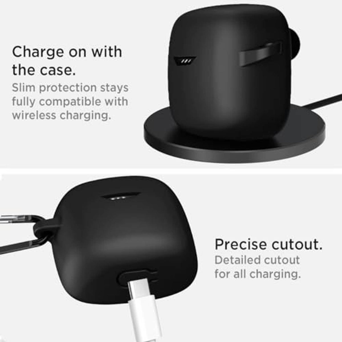 Black earbuds case with carabiner and precise cutout for charging access