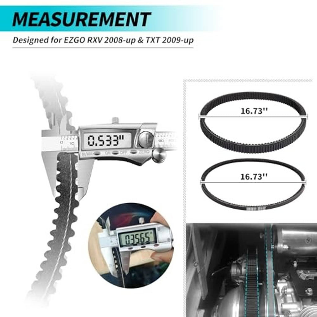 Black ribbed belts kit shown with size measurements of 16.73 in