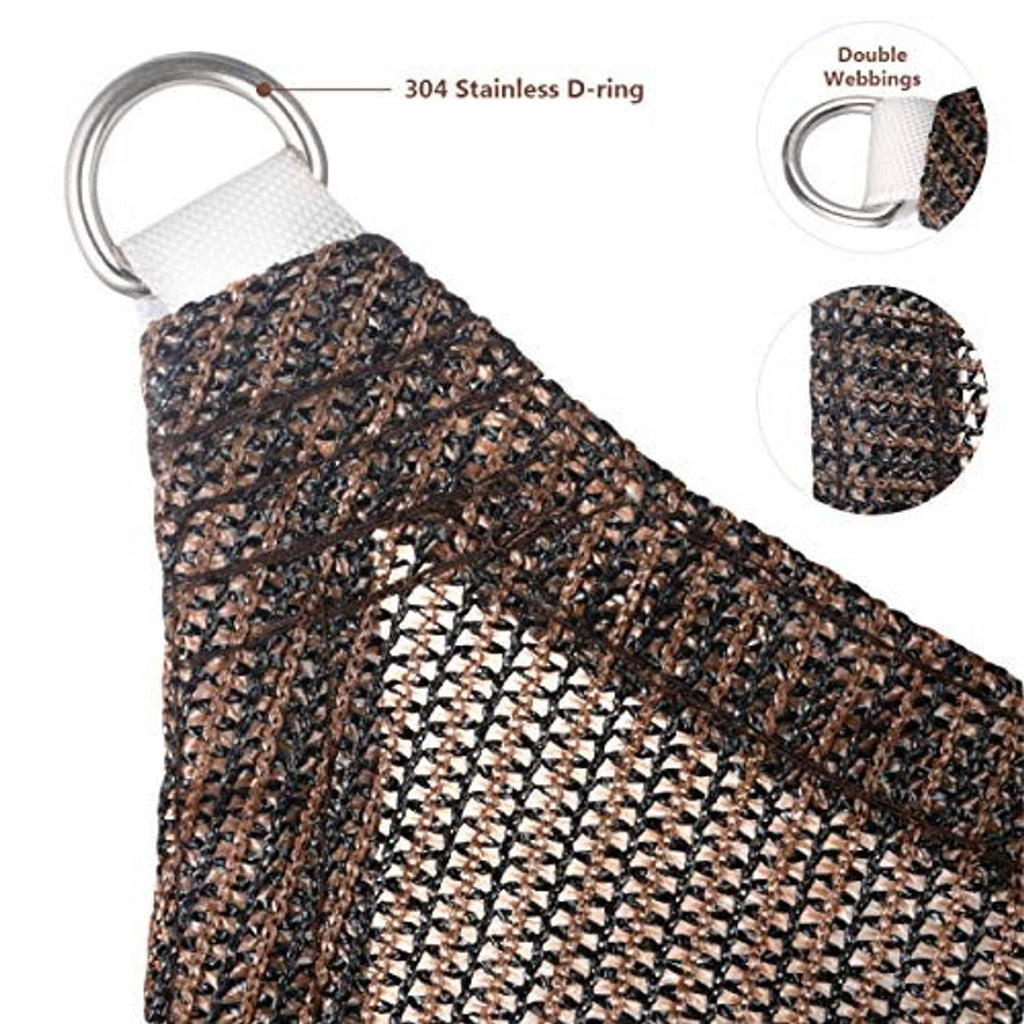 Brown woven shade sail corner with metal D-ring and double reinforced webbing