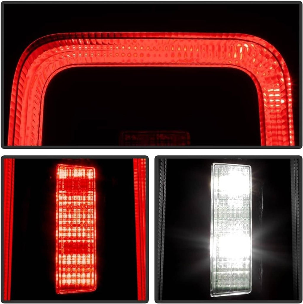 LED tail light lens close-up showing red brake glow and white reverse illumination