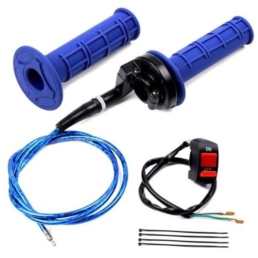 Blue throttle handle grips with cable clamp and ON/OFF switch, wiring kit included