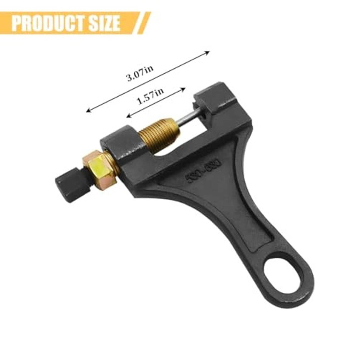 Black chain breaker tool with size diagram and gold threaded screw