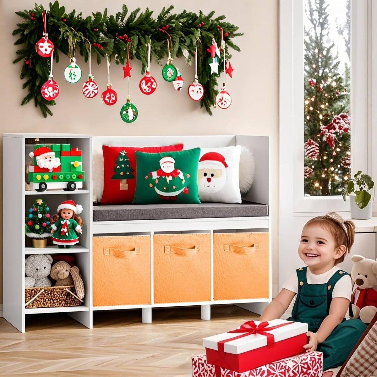 Orange foldable fabric storage bins on a shelf unit, front handles visible