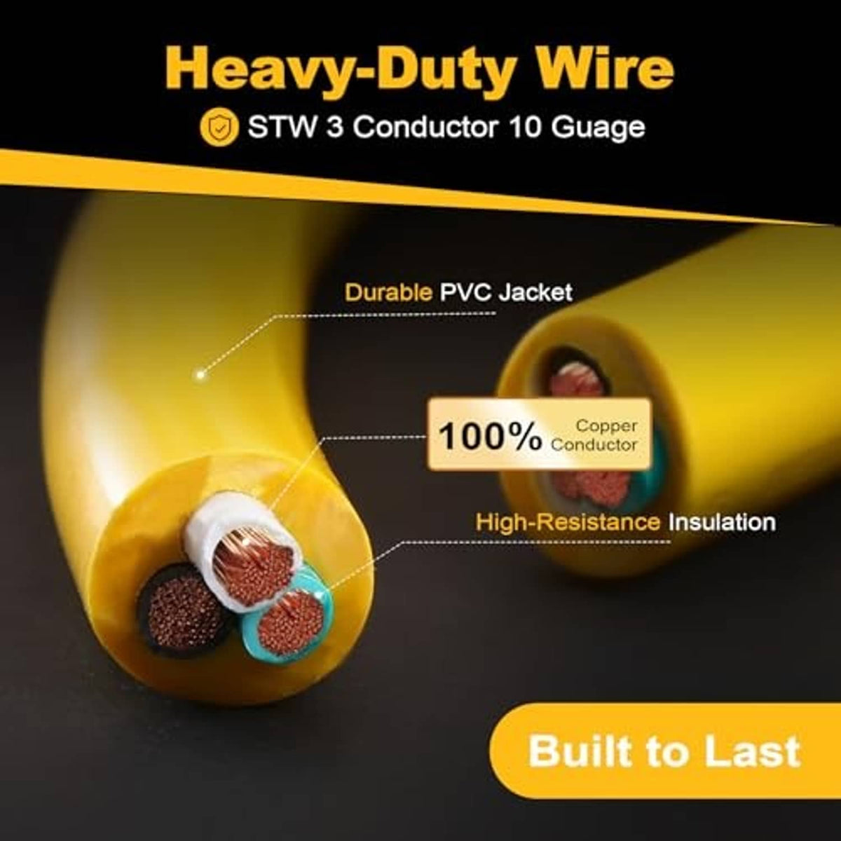 Yellow PVC jacket EV charger cable showing 10-gauge 3-conductor wiring