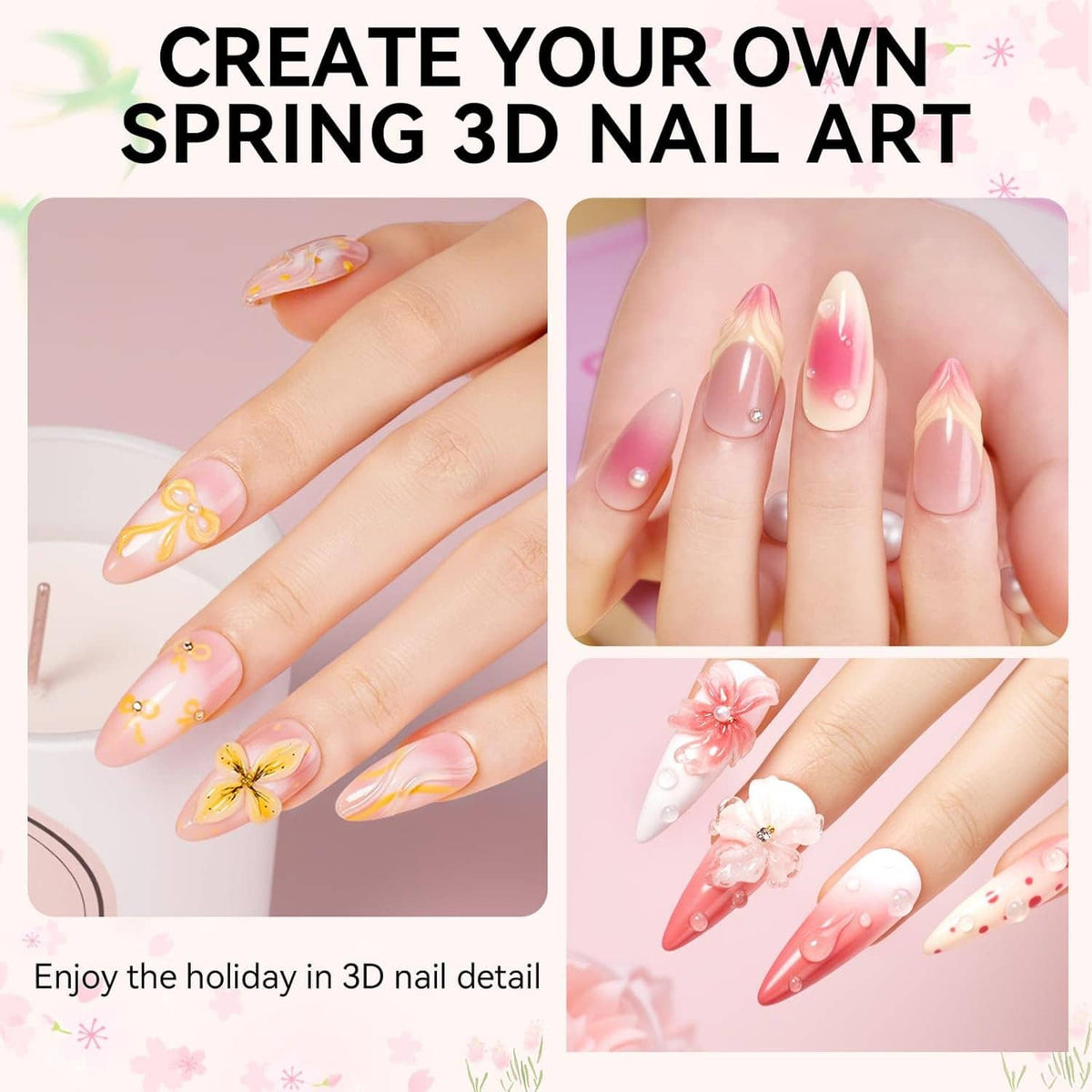 Hands with spring 3D nail art, pastel pink, white and gold embellished tips