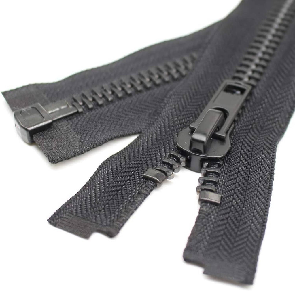 Separating zipper with dark tape and black metal teeth, showing the two-piece slider.