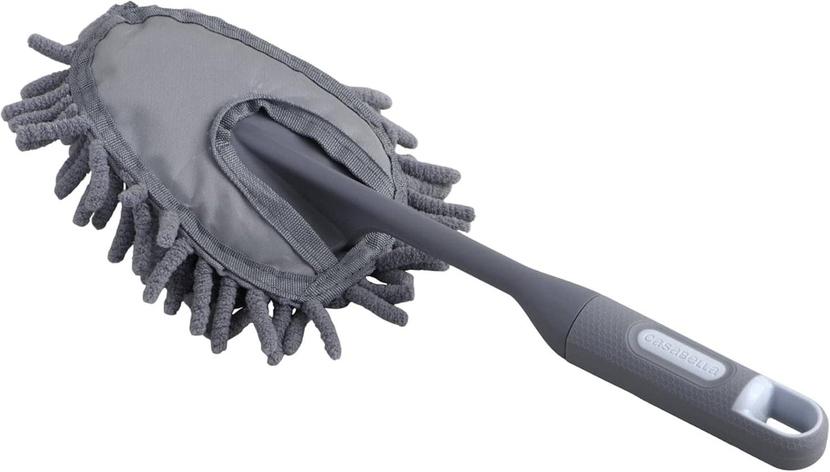 Gray handheld microfiber duster with flexible cloth pocket head cover
