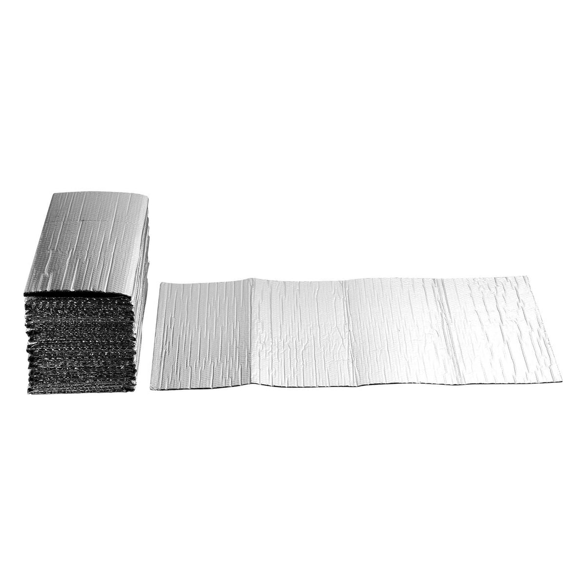 Reflective insulation panels, dual-sided foil with stacked air-bubble film layers.