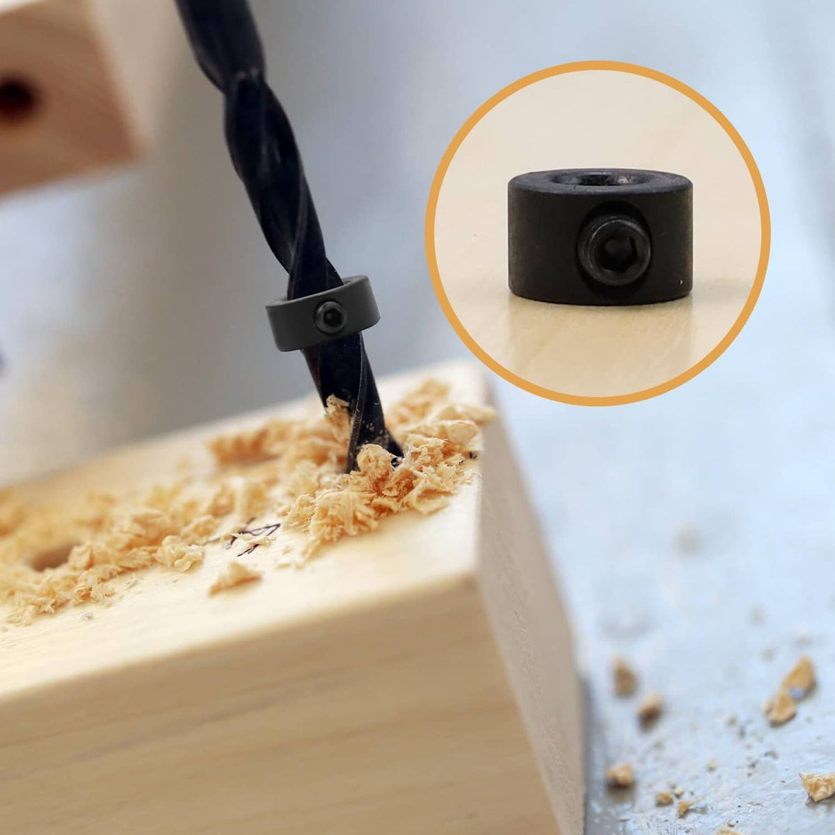 Drill bit depth stop collar mounted on a drill bit during woodworking drilling