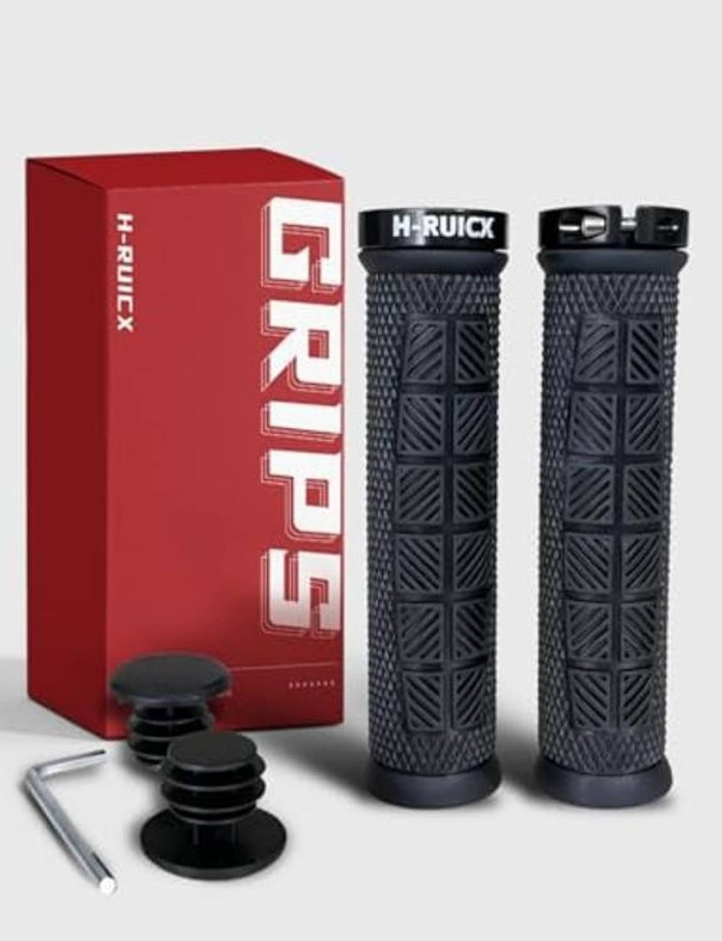 Dark textured lock-on handlebar grips, shown as a pair with end caps
