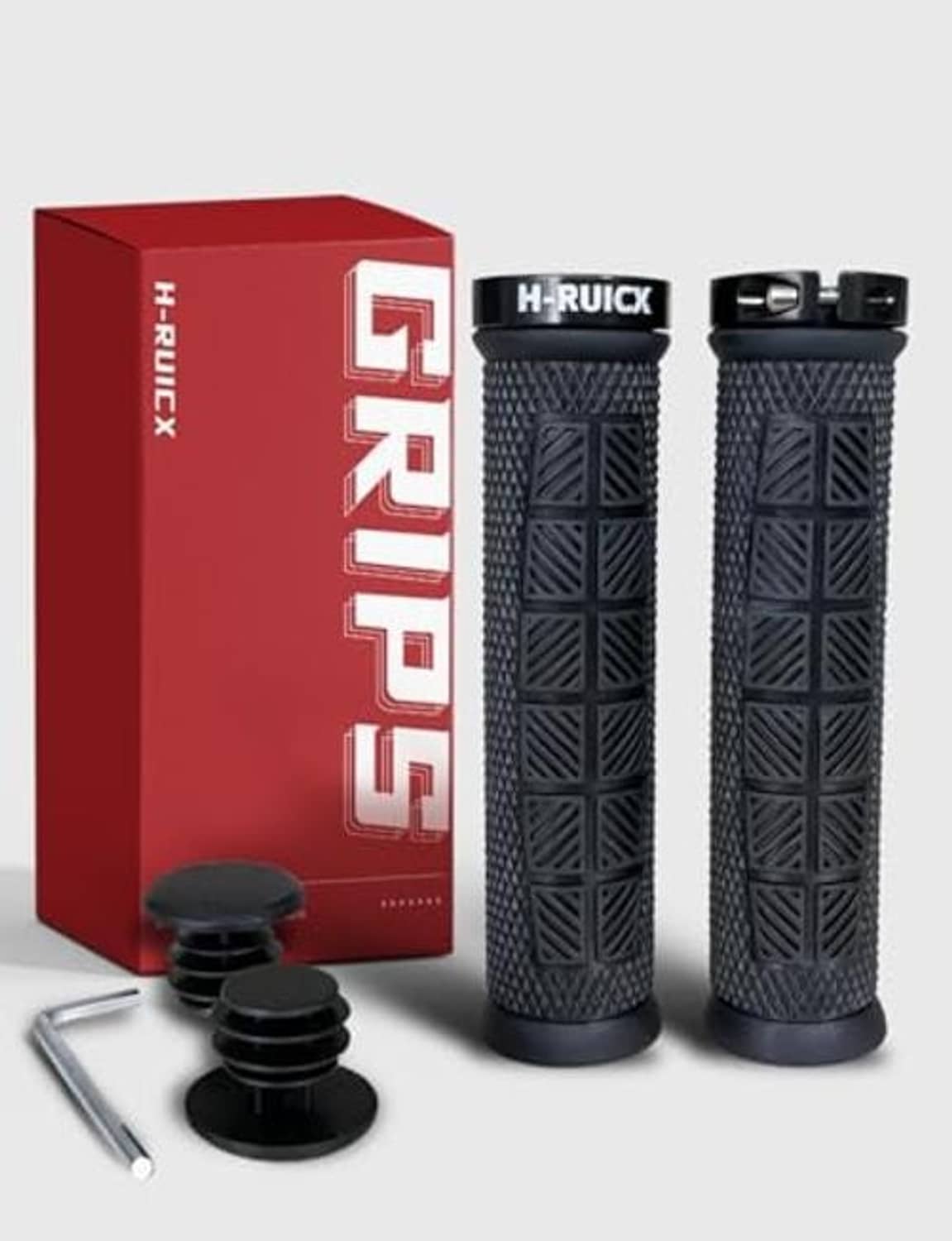 Dark textured lock-on handlebar grips, shown as a pair with end caps