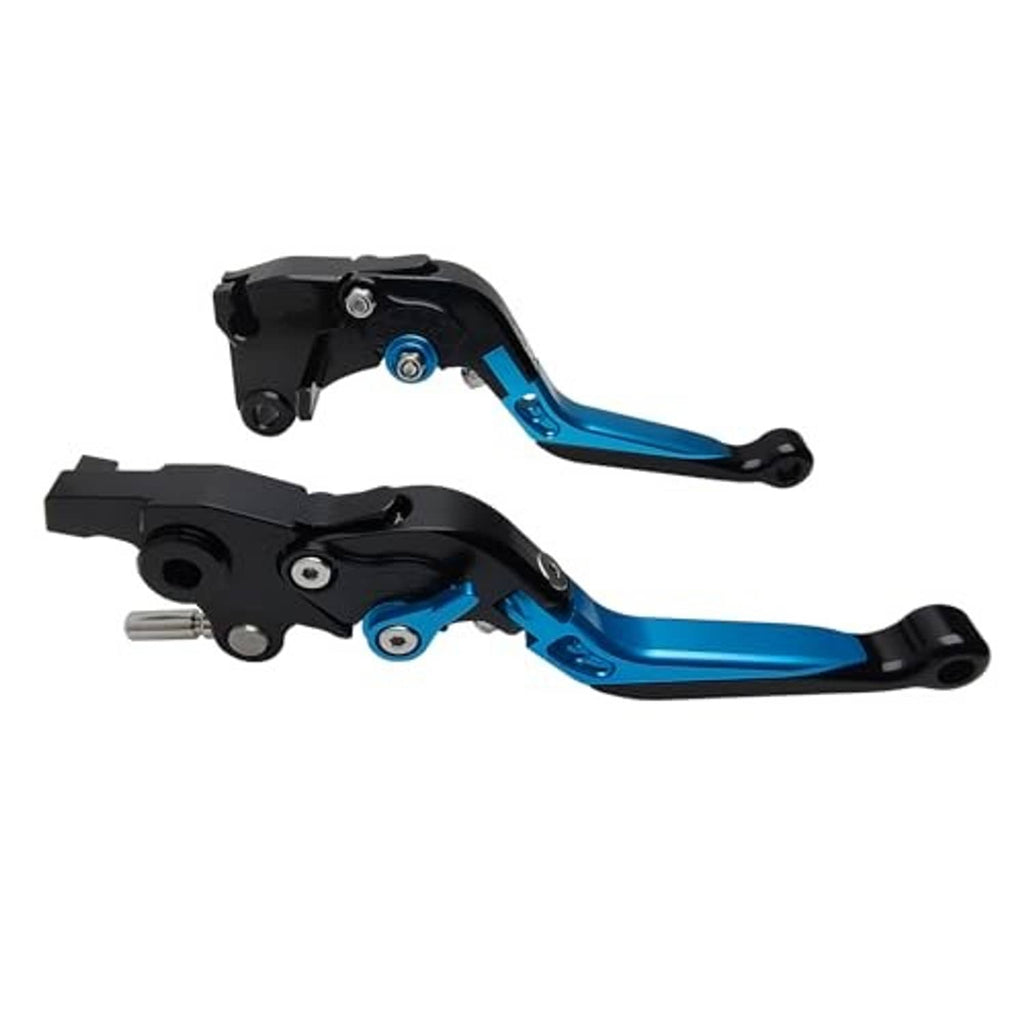 Motorcycle brake and clutch lever set with folding levers, black and blue