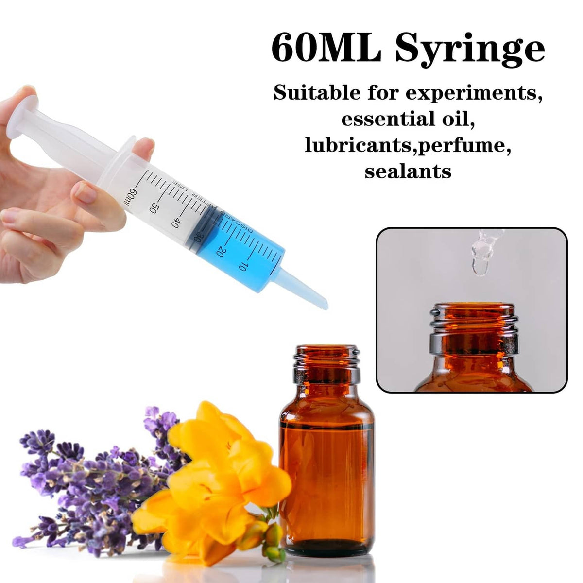 60 ml plastic syringe with cap, clear barrel and 0–60 ml measurement scale