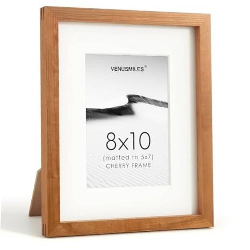 Natural cherry 8x10 picture frame with white mat and clear glass front, wall-ready