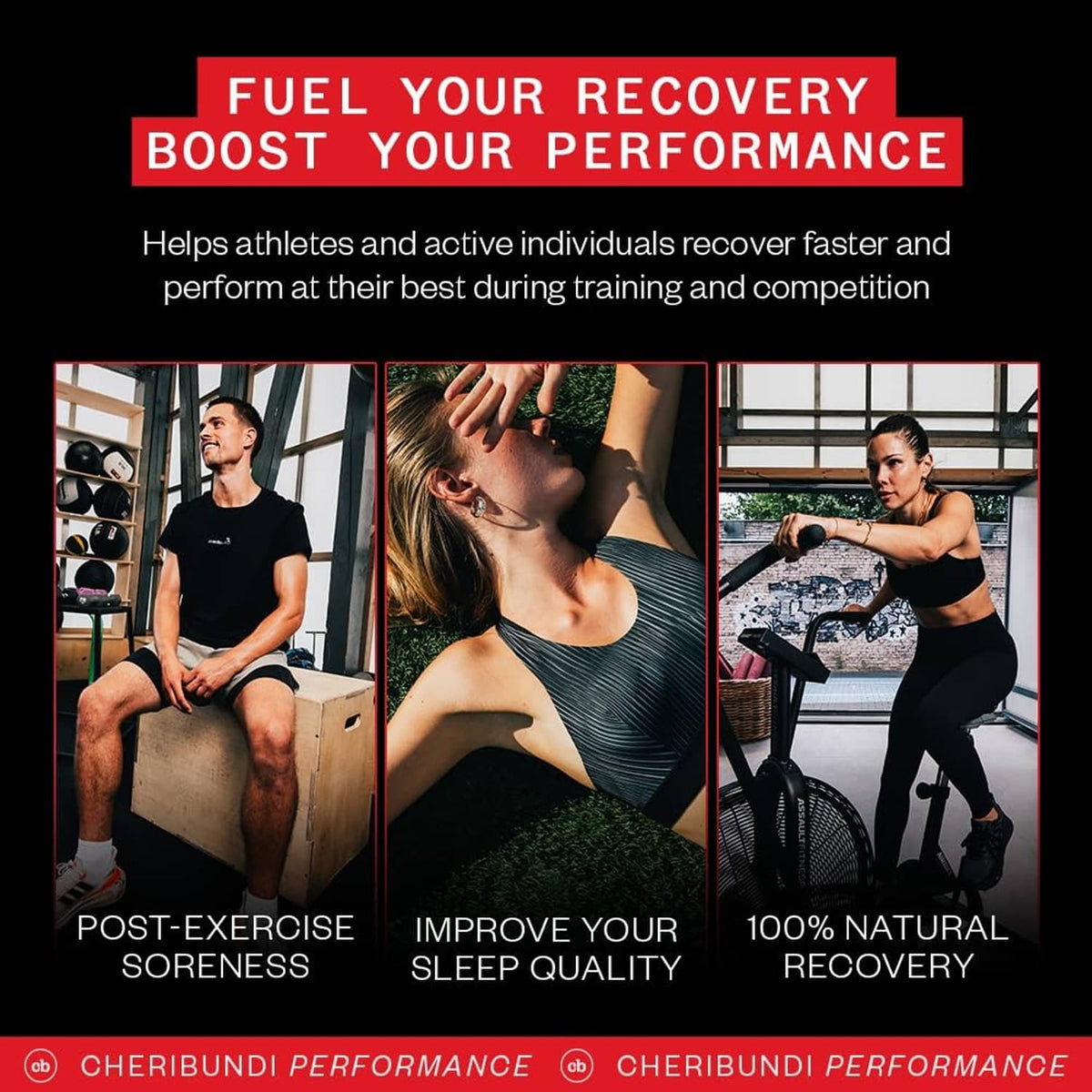 Tart cherry juice performance boost panel with three activity photos