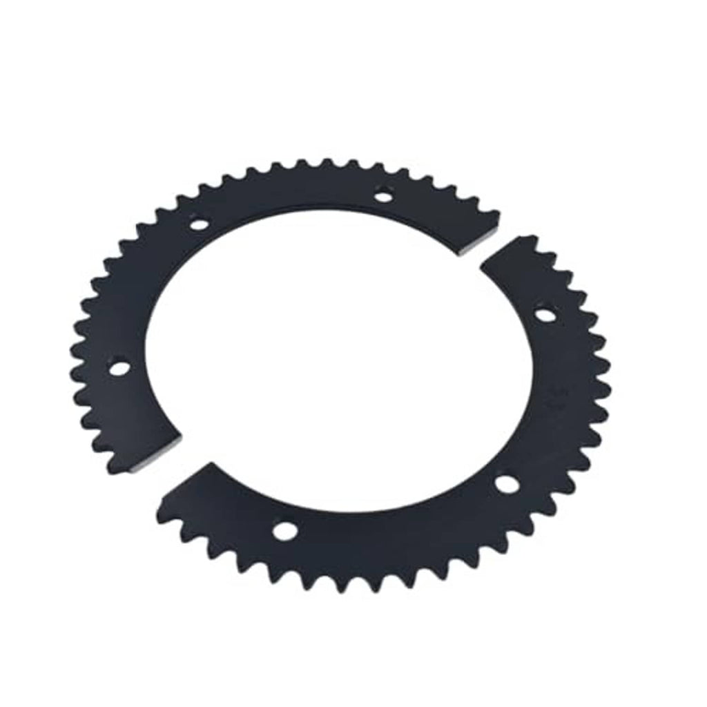 Black sprocket ring showing split gap and teeth with mounting holes