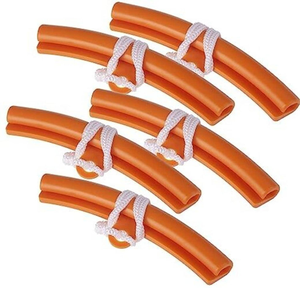 Orange curved rim edge savers with white braided ties, wheel protectors set