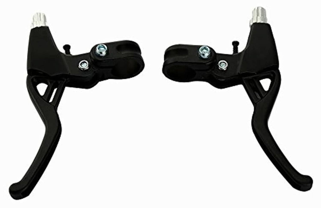 Black right and left bicycle brake lever handles with silver mounting bolts.