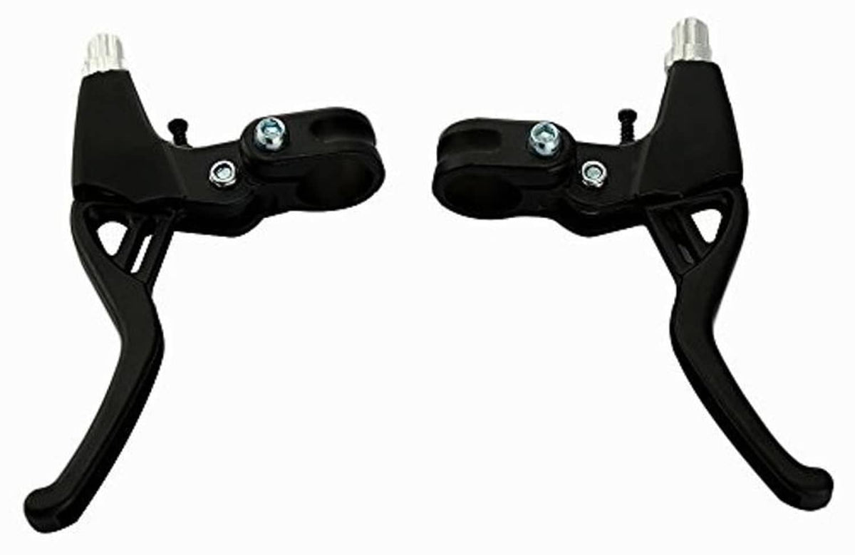 Black right and left bicycle brake lever handles with silver mounting bolts.