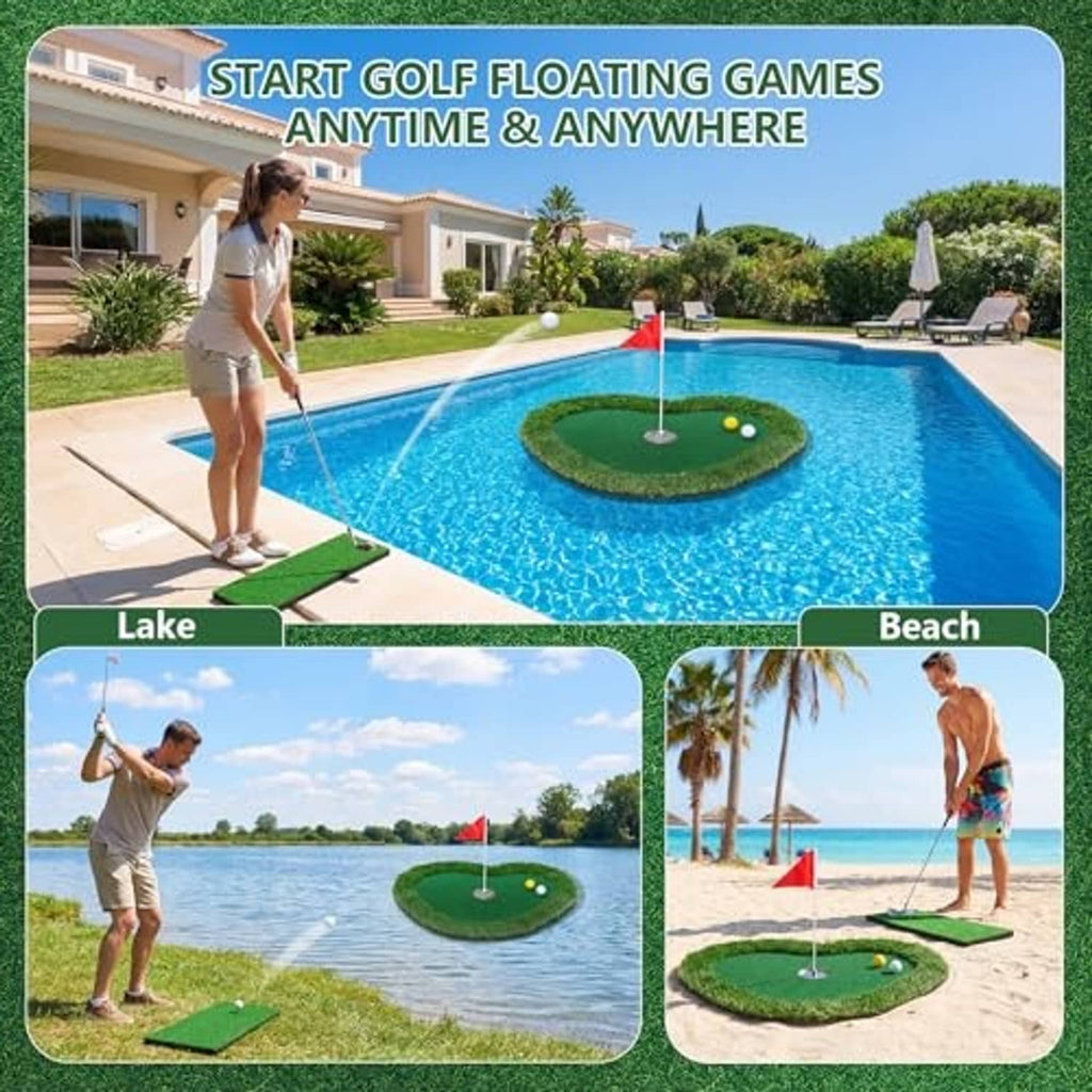 Floating golf green mat with red flag placed on pool edge for outdoor play