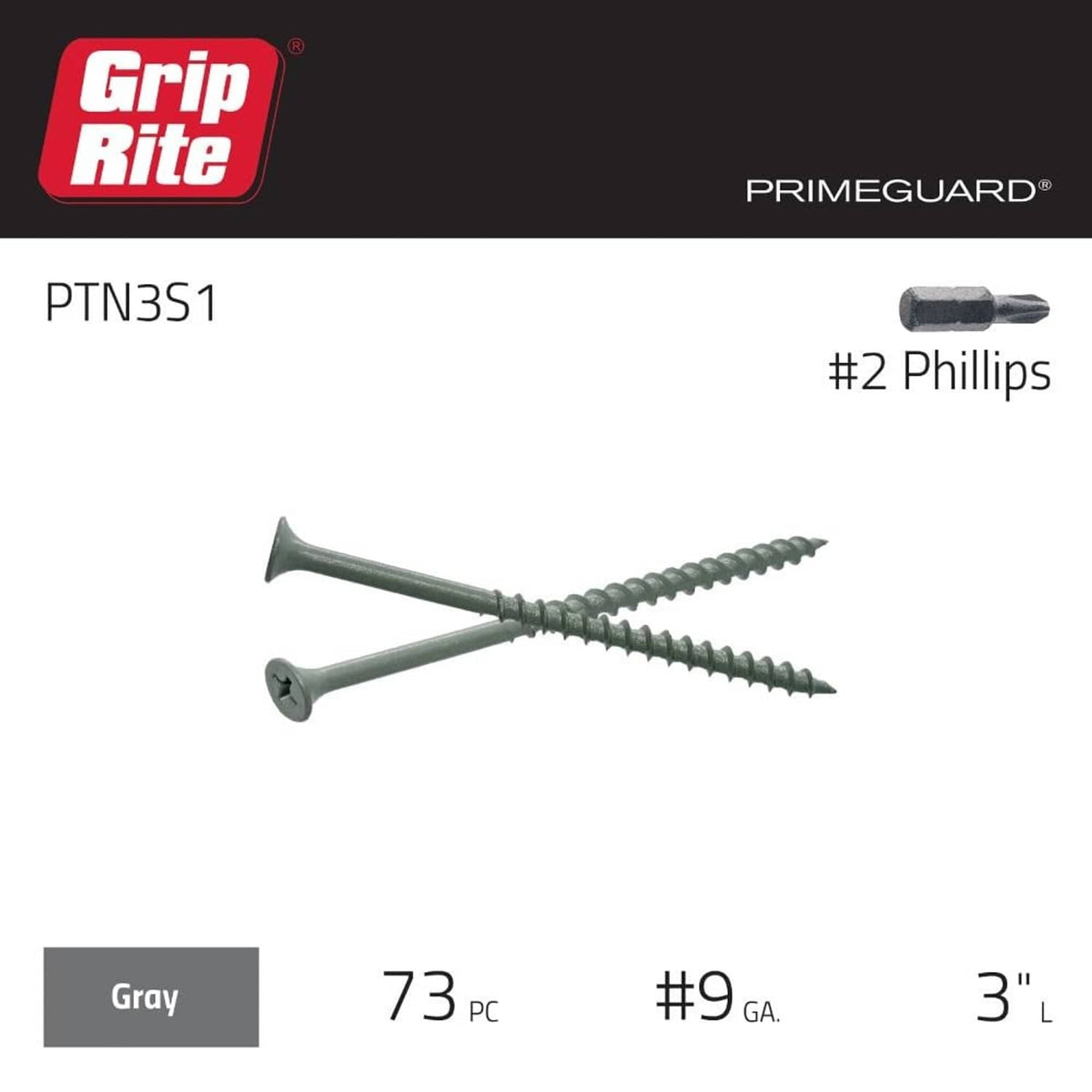 Gray screws pack label: 73 pc, #2 Phillips, #9 gauge, 3 in, PrimeGuard.