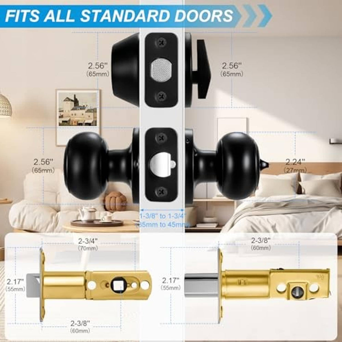 Matte black door lock set with deadbolt and latch, size chart layout shown
