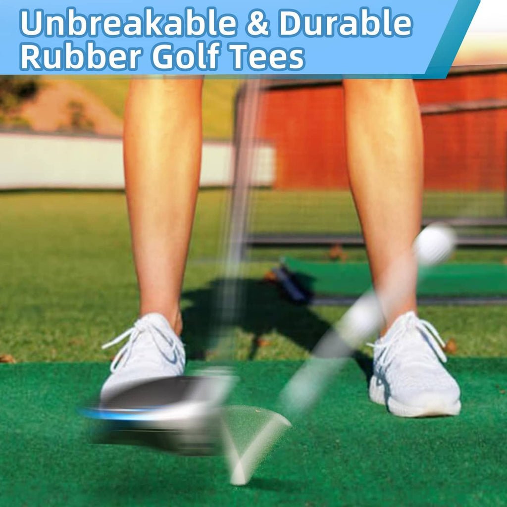 Rubber golf tees with white heads and blue tips, shown beside golf shoes