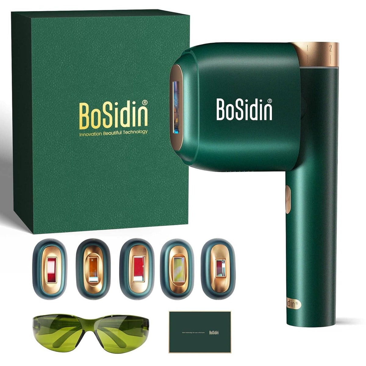 Green BoSidin IPL hair removal kit with box, 5 cartridges, and green safety glasses