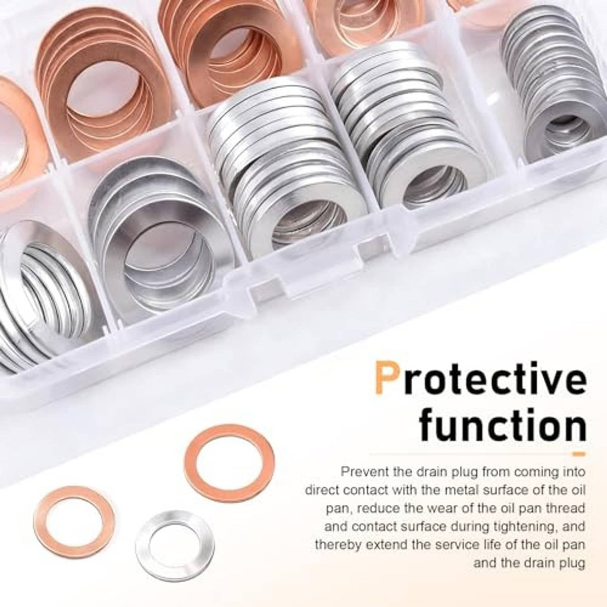 Stacked oil drain plug gasket washers in clear organizer, with copper and silver rings