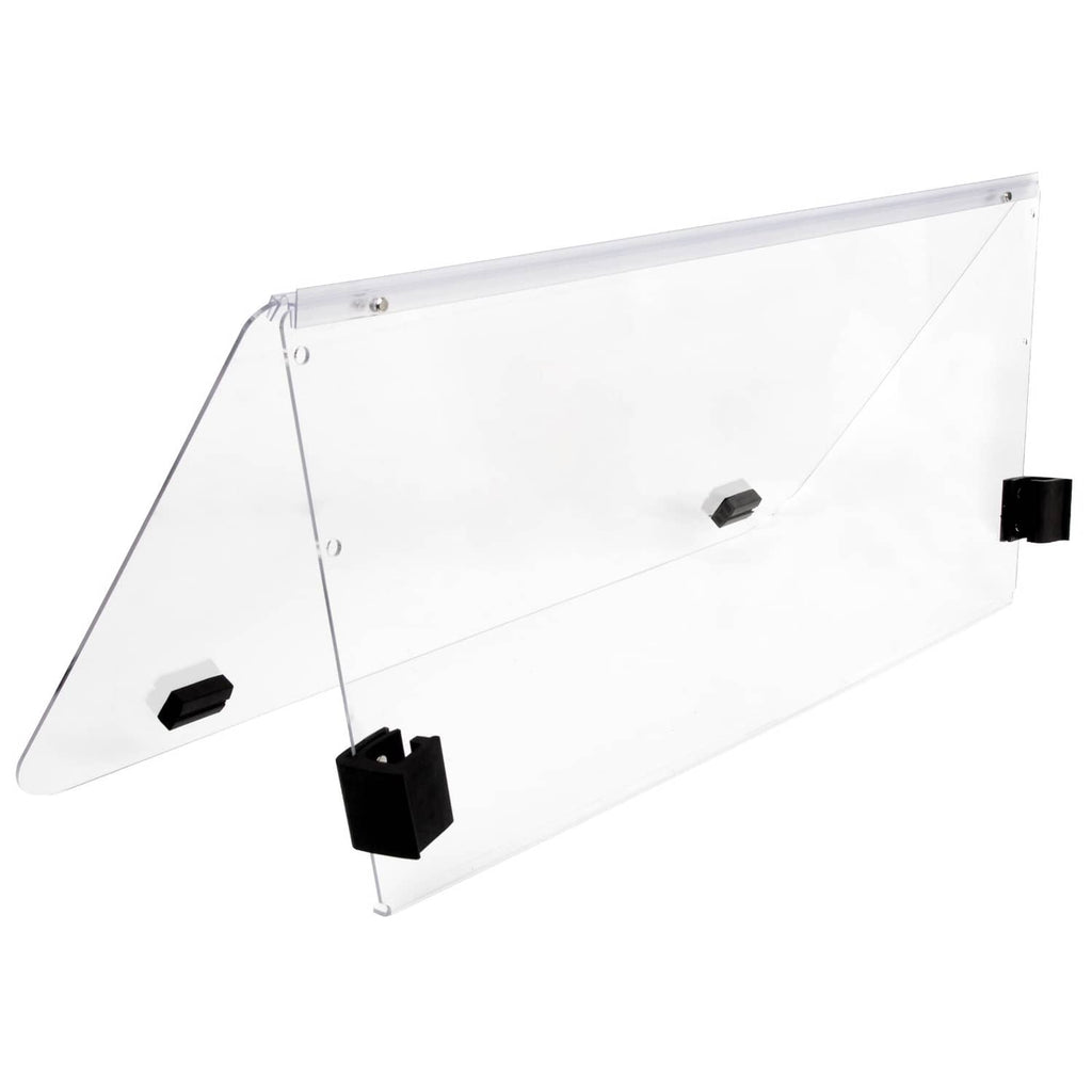 Clear polycarbonate folding windshield with black mounting brackets, angled side view