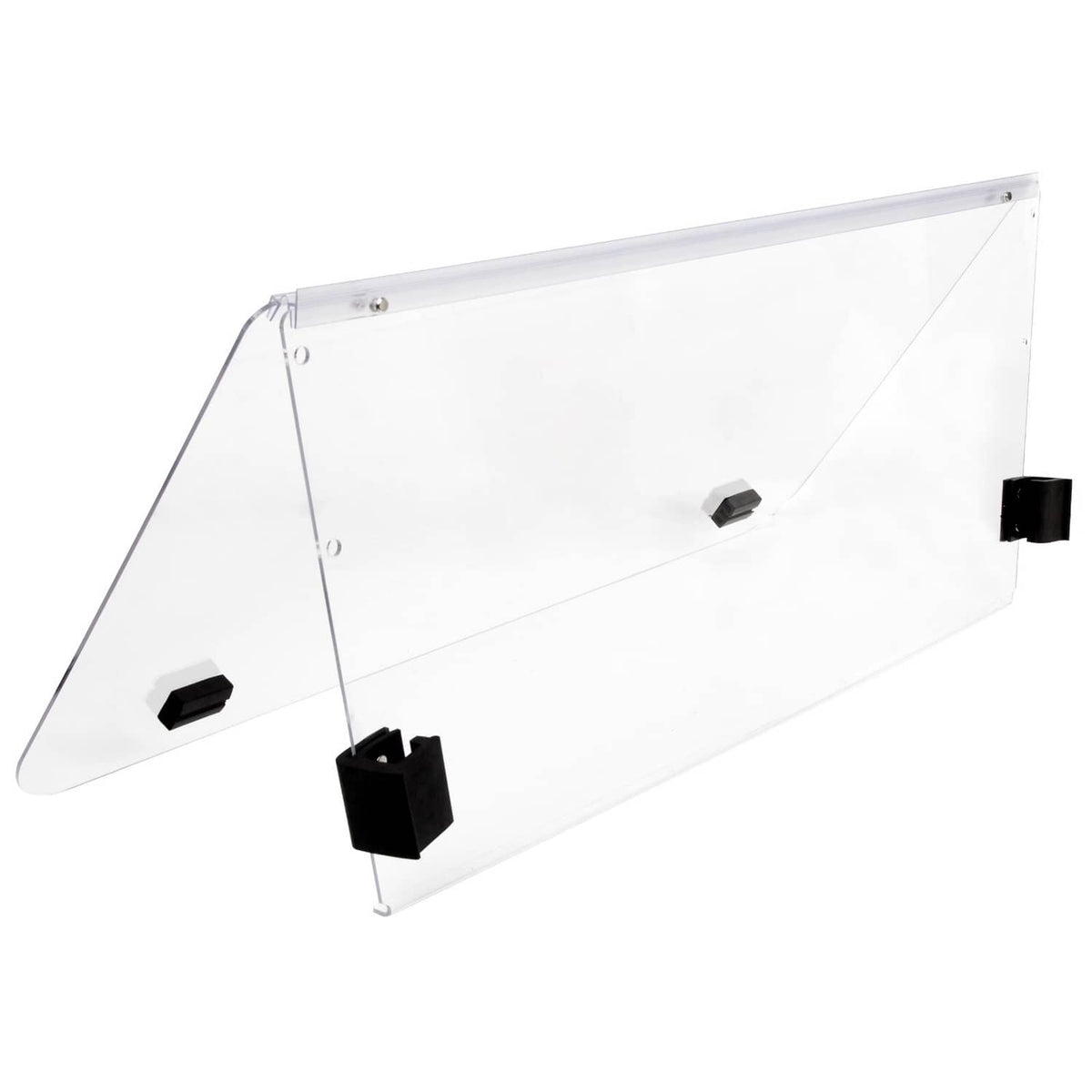 Clear polycarbonate folding windshield with black mounting brackets, angled side view