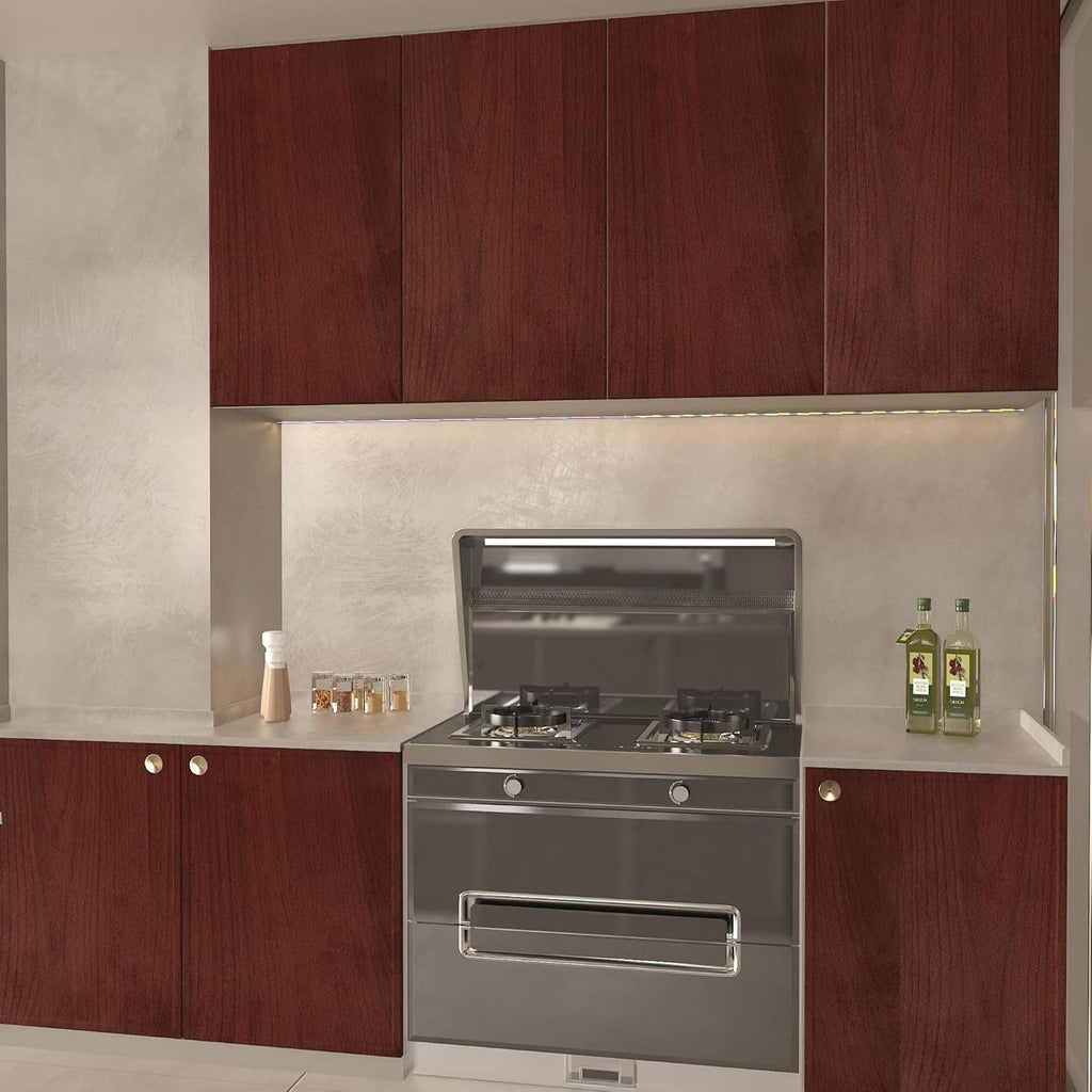 Cherry wood contact paper on kitchen cabinetry panels and backsplash, dark red-brown
