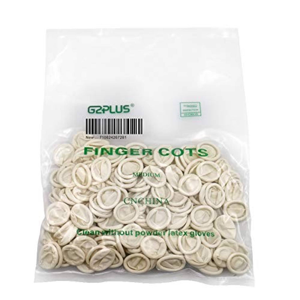 G2PLUS packaged white latex finger cots in a clear plastic bag