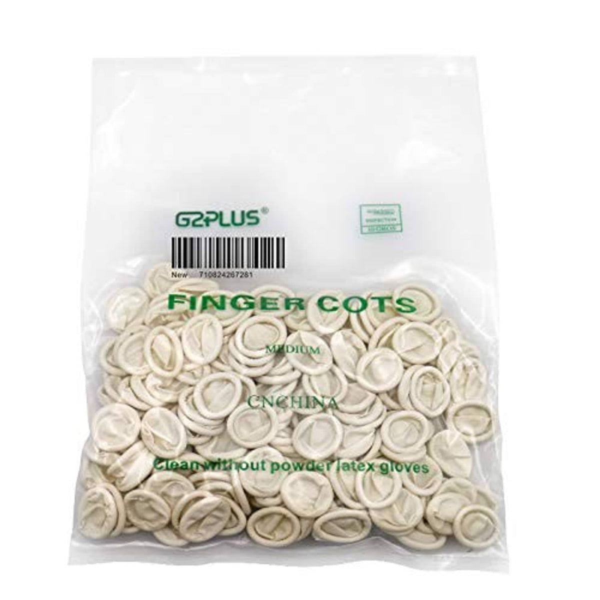 G2PLUS packaged white latex finger cots in a clear plastic bag