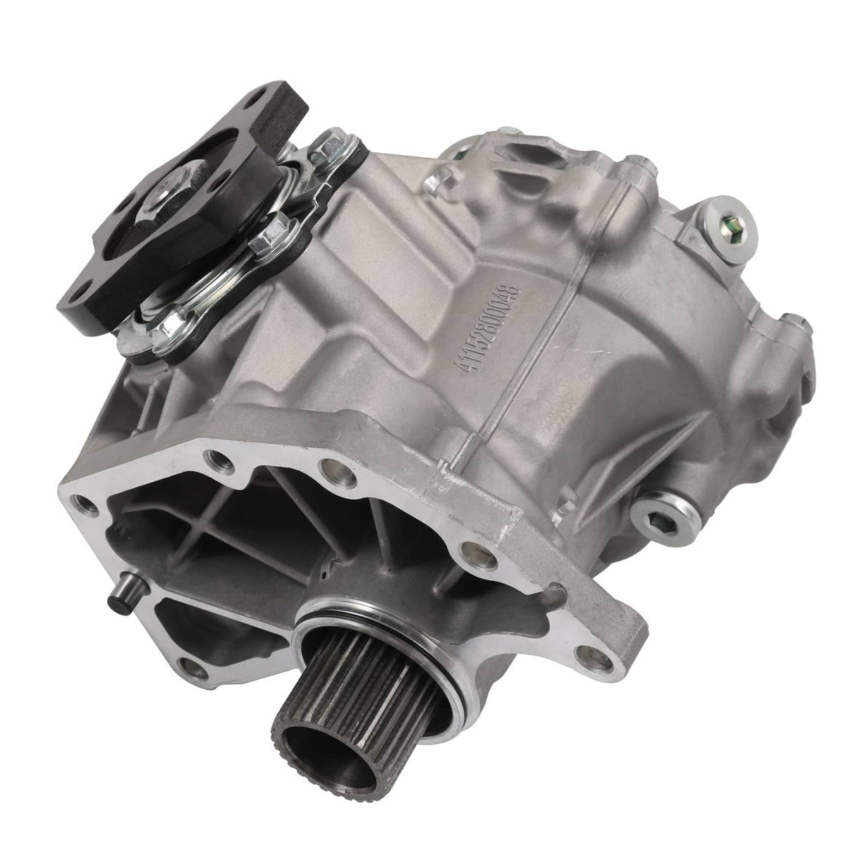 Automotive transfer case assembly, silver metal housing with mounting flange and openings.