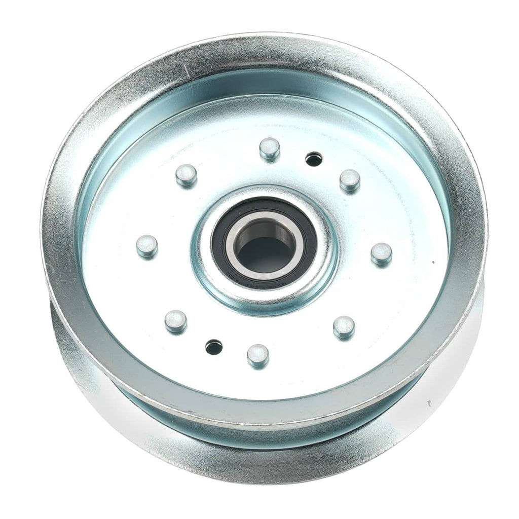 Metal mower deck pulley with center bearing and bolt holes