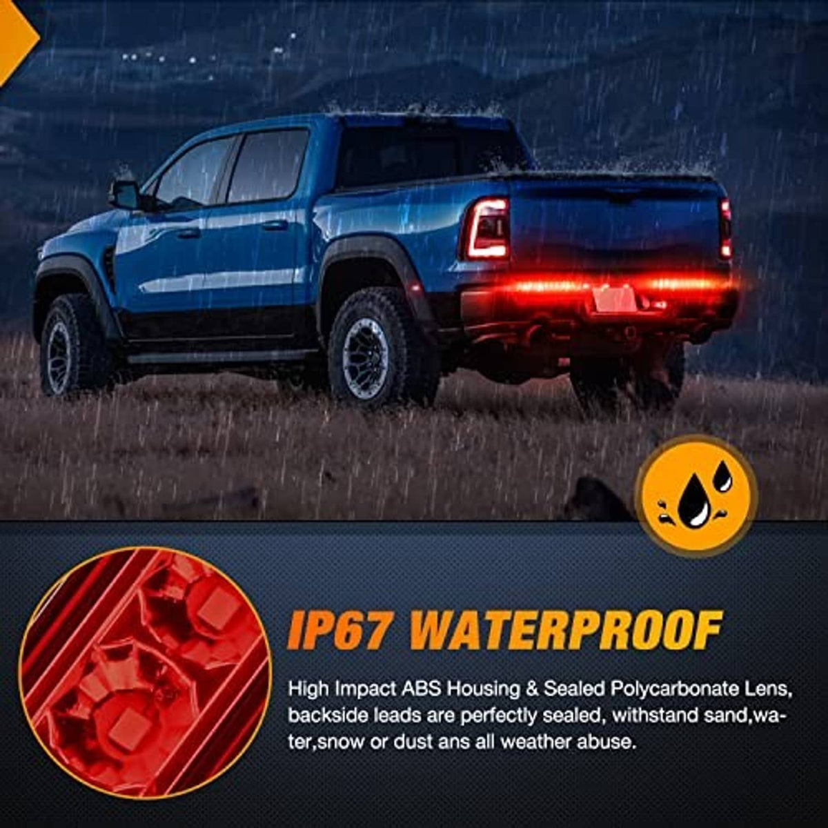 Red LED stop/turn light bar illuminated on pickup truck; IP67 waterproof design