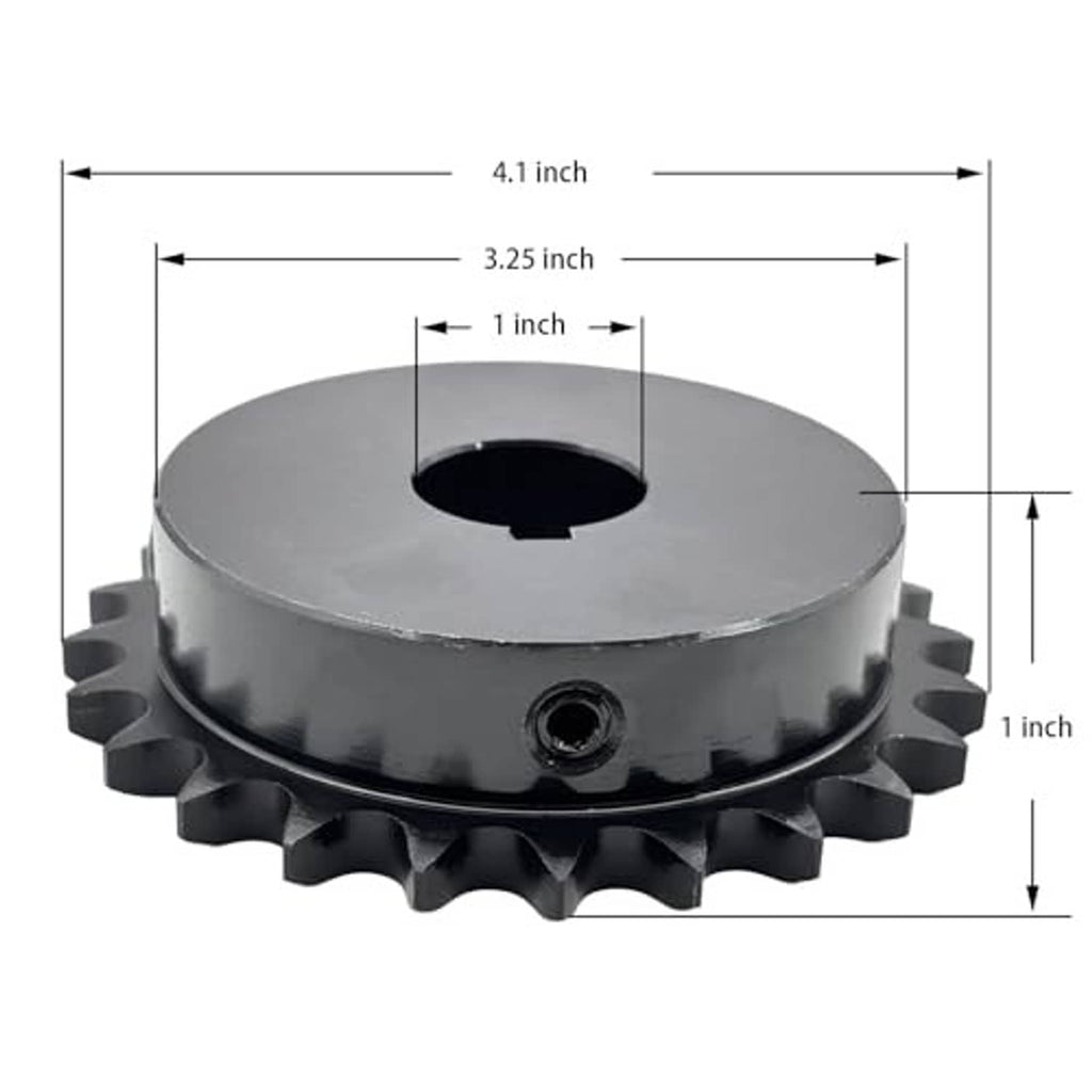 Roller chain sprocket with 1 in bore; size shows 4.1 in and 3.25 in