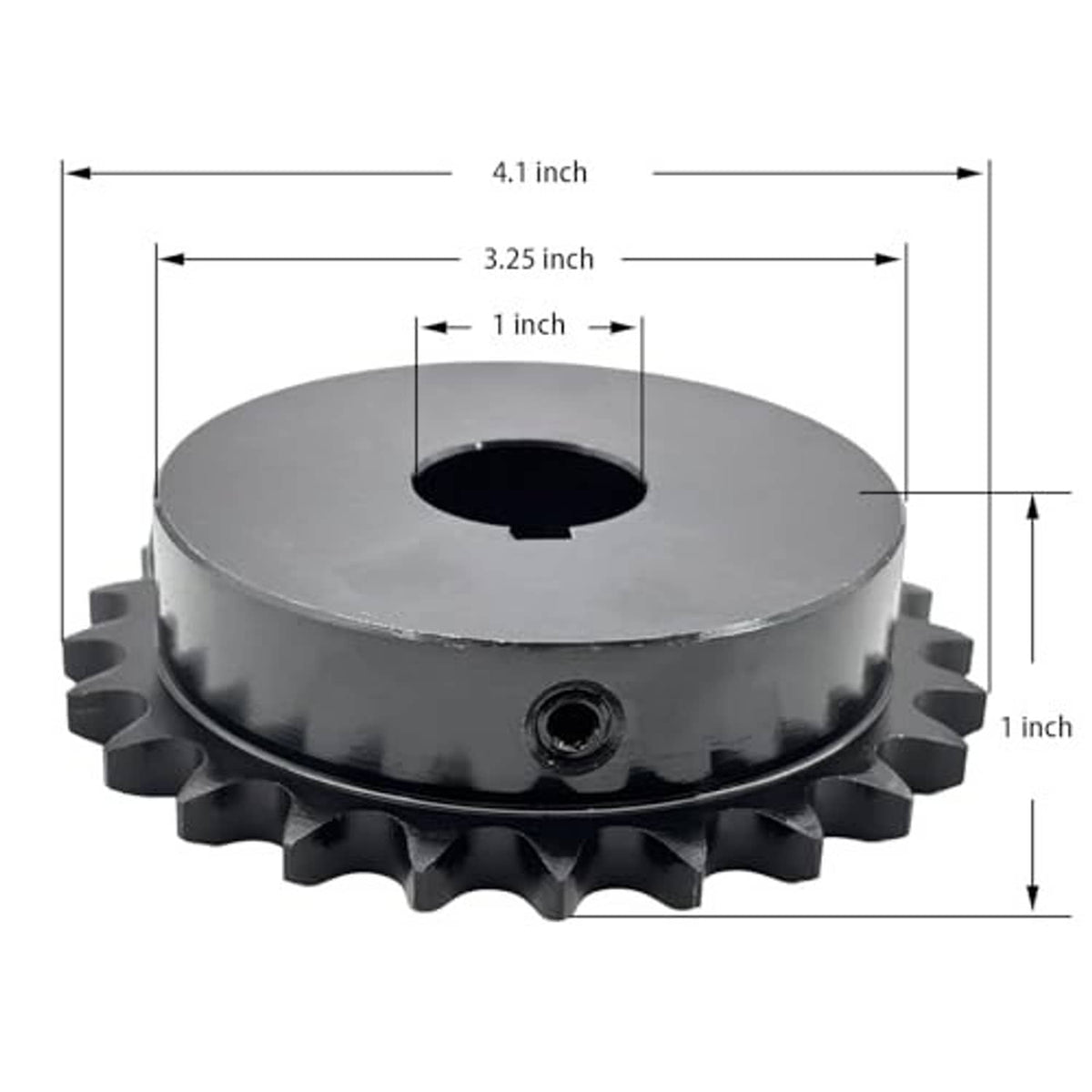 Roller chain sprocket with 1 in bore; size shows 4.1 in and 3.25 in