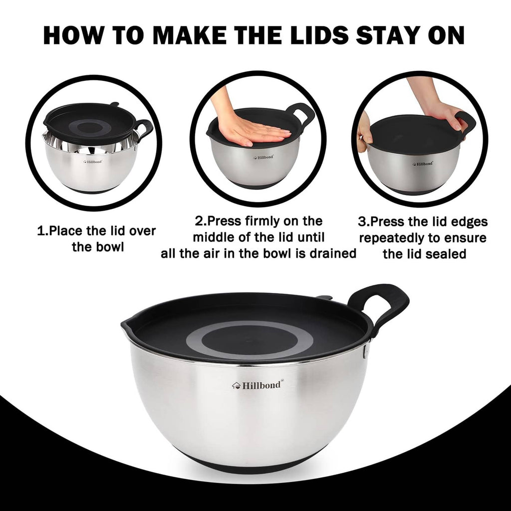 Stainless steel bowl with black lid, press-fit lid staying on illustration