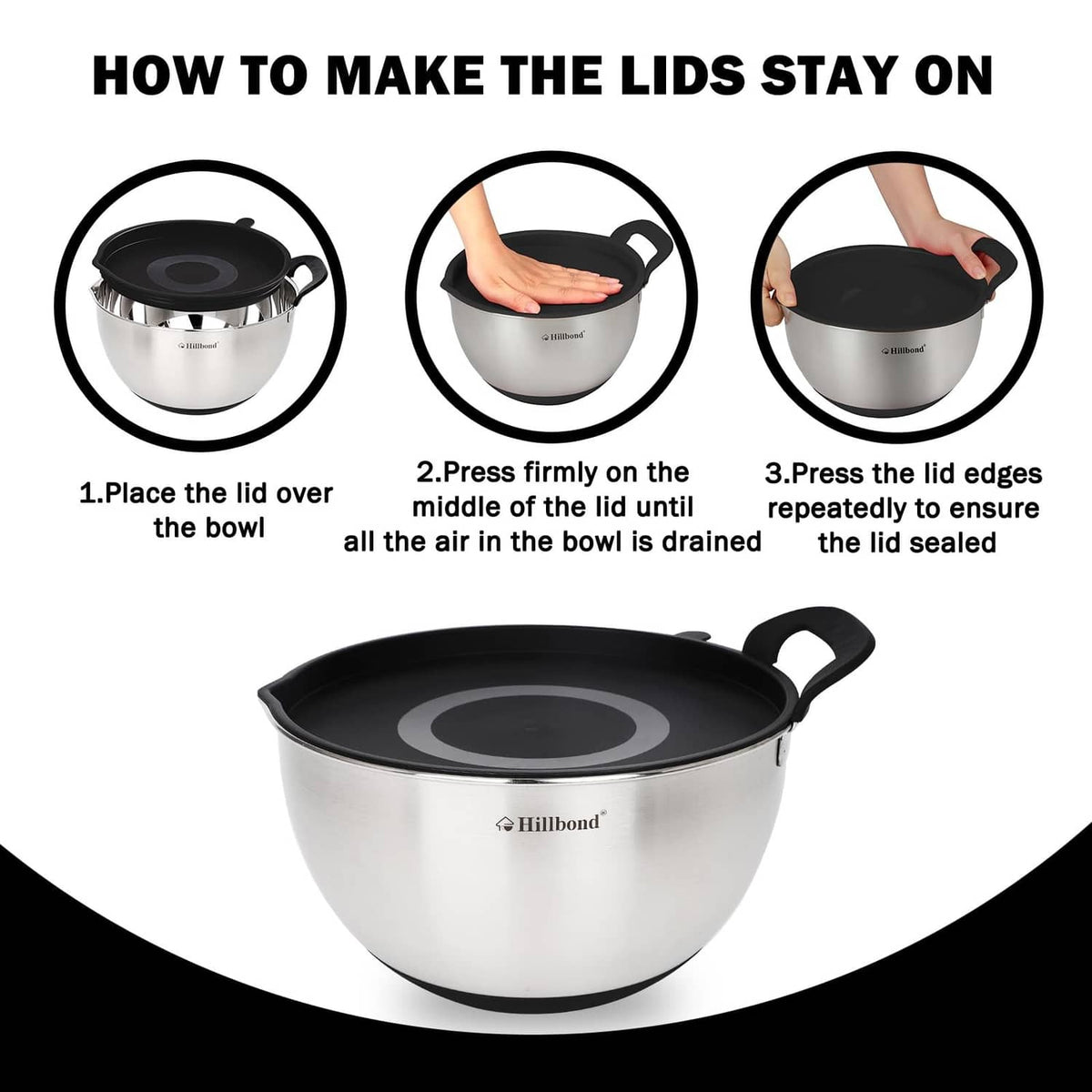 Stainless steel bowl with black lid, press-fit lid staying on illustration