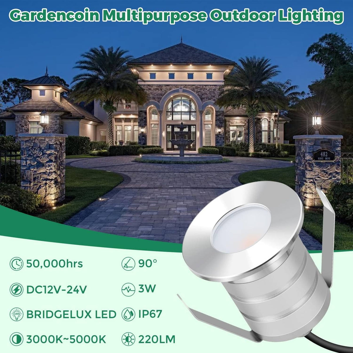 Recessed LED outdoor spotlights set with brushed metal housings and attached cables