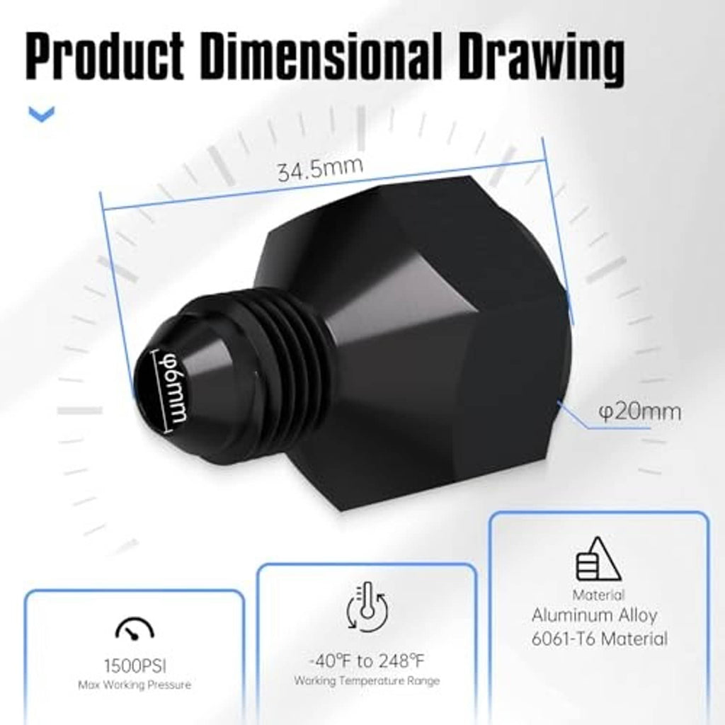 Black AN reducer fitting dimensional sketch with threaded male end and hex body