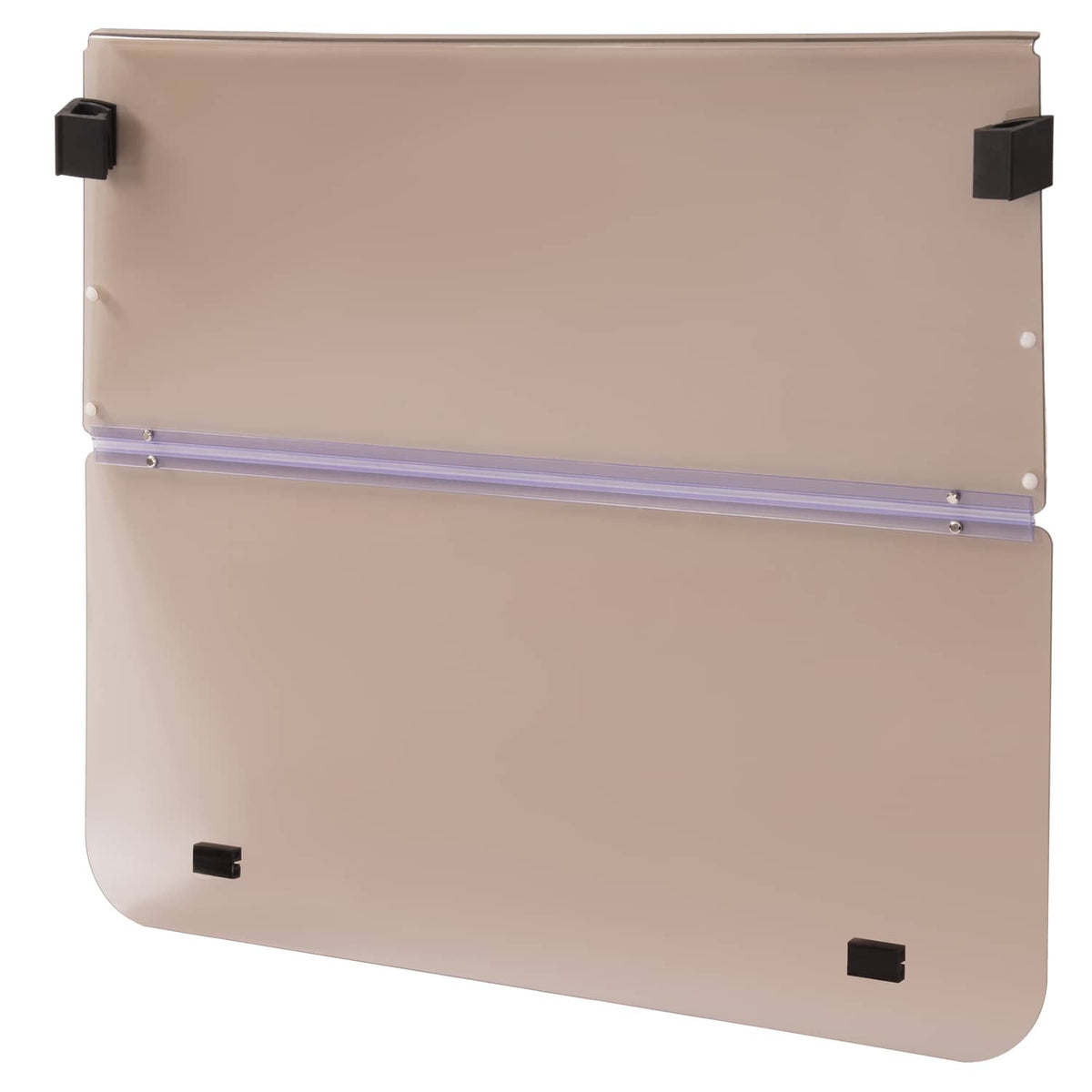 Tinted folding golf cart windshield panel with mounting brackets, light smoke beige