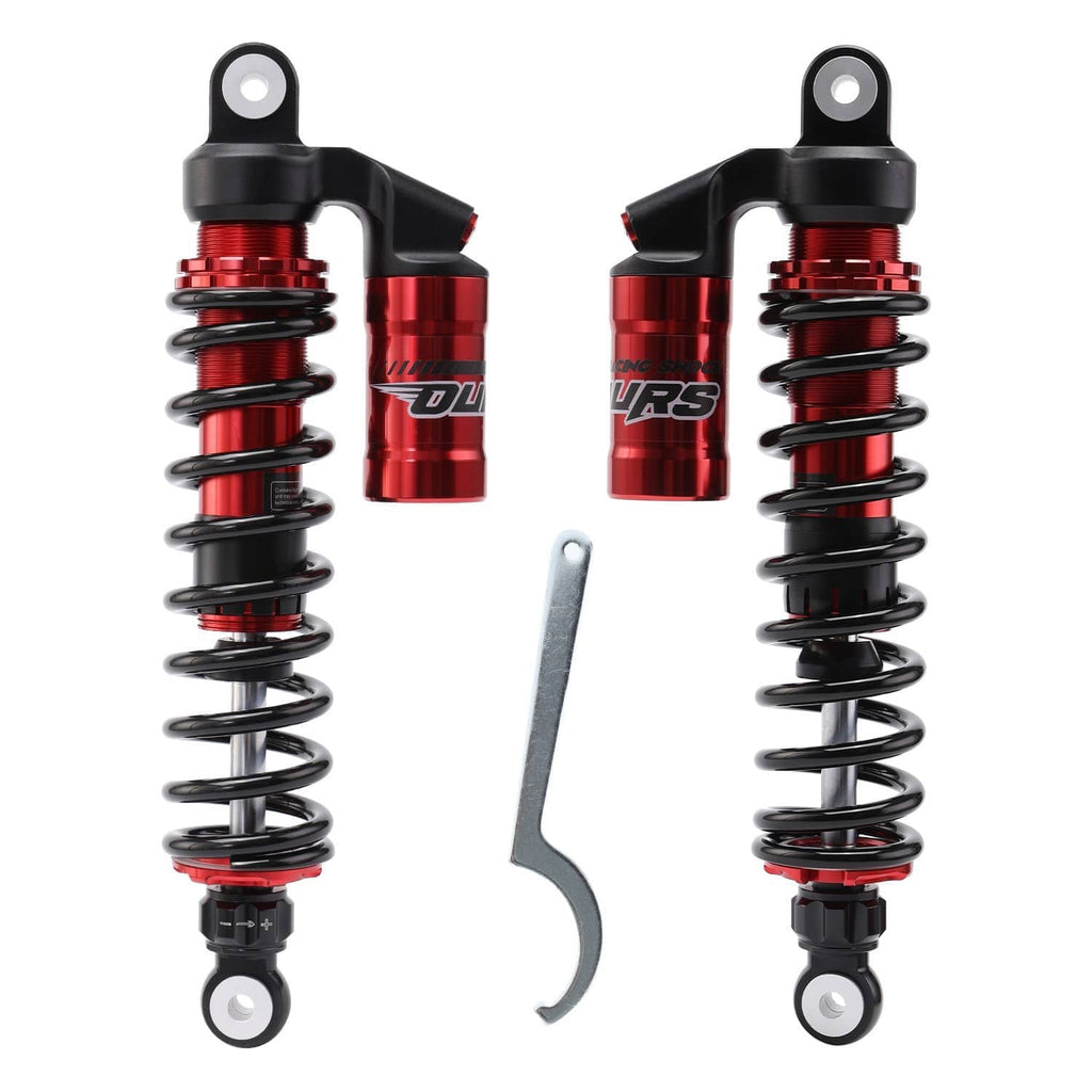 Pair of front shocks with black springs, red cylinders, and included bracket tool