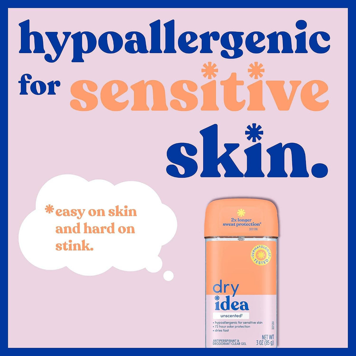 Hypoallergenic sensitive skin antiperspirant gel deodorant, orange cap, unscented