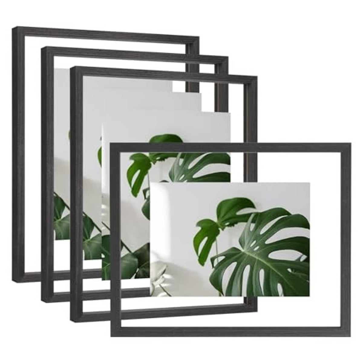 Set of four floating picture frames, faded black double-plexiglass, overlapping angles