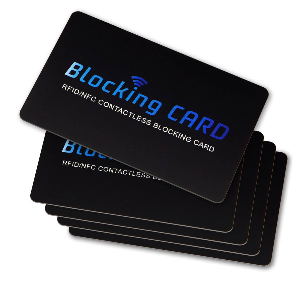 Black RFID/NFC blocking cards, 5-pack stacked with blue contactless branding