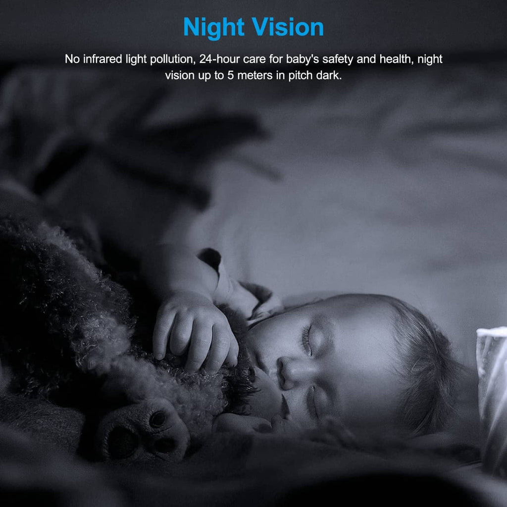 Black-and-white night-vision monitoring scene with baby and child’s hand